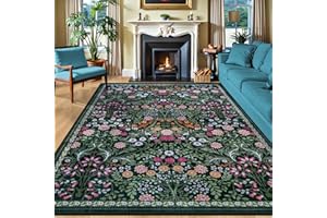 PLHXFR 8x10 Area Rugs for Living Room: Floral Washable Rug Vintage Large Soft Boho Non-Slip Carpet Indoor Floor Stain Resistant Carpets for Bedroom Dining Room Farmhouse Nursery Home Office Dark Green