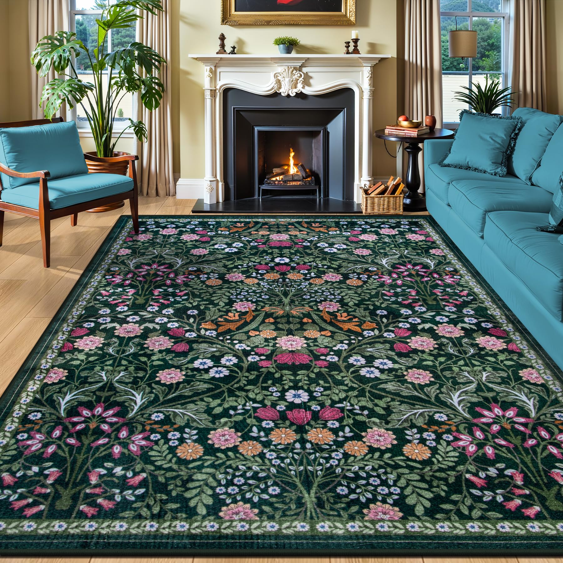 Photo 1 of ** SIMILAR** 8x10 Area Rugs for Living Room: Floral Washable Rug Vintage Large Soft Boho Non-Slip Carpet Indoor Floor Stain Resistant Carpets for Bedroom Dining Room Farmhouse Nursery Home Office Dark Green