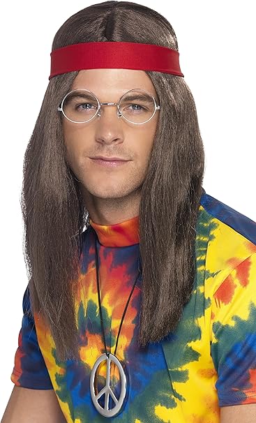 Hippie Set - Perücke, Brille, Peace Anhänger und Stirnband