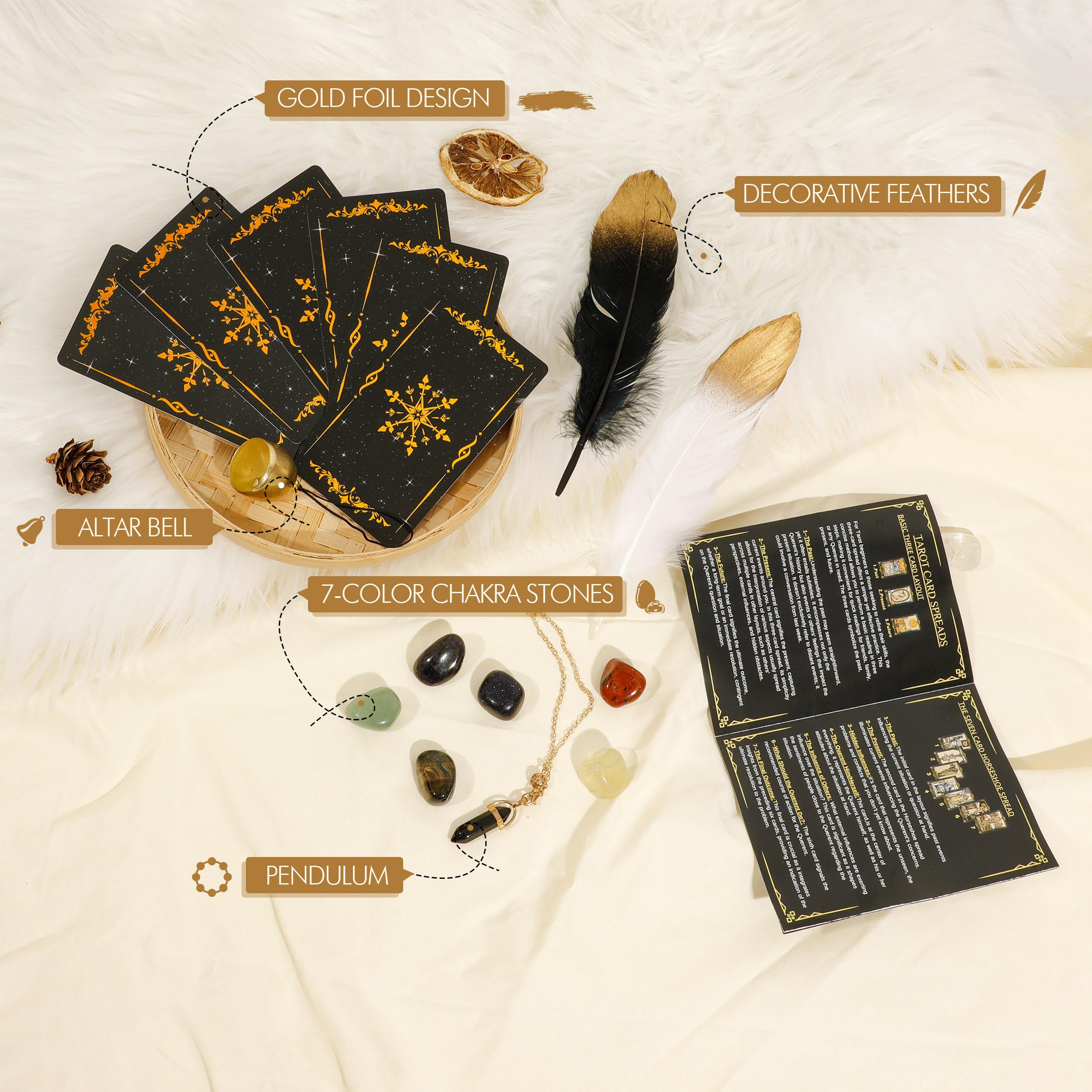 Tarot Cards with Guide Book, 78 Black Tarot Deck Set with Table Cloth, Chakra Stones, Velvet Bag and More, Classic Tarot Cards for Beginners Kit, Fortune Telling Game
