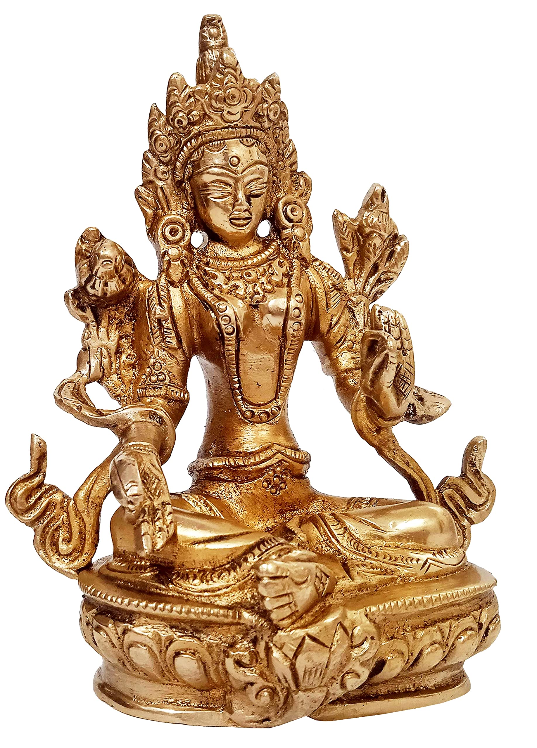 Purpledip Brass Statue Green Tara, Female Bodhisattva: Tibetan Buddhist Goddess (11428)