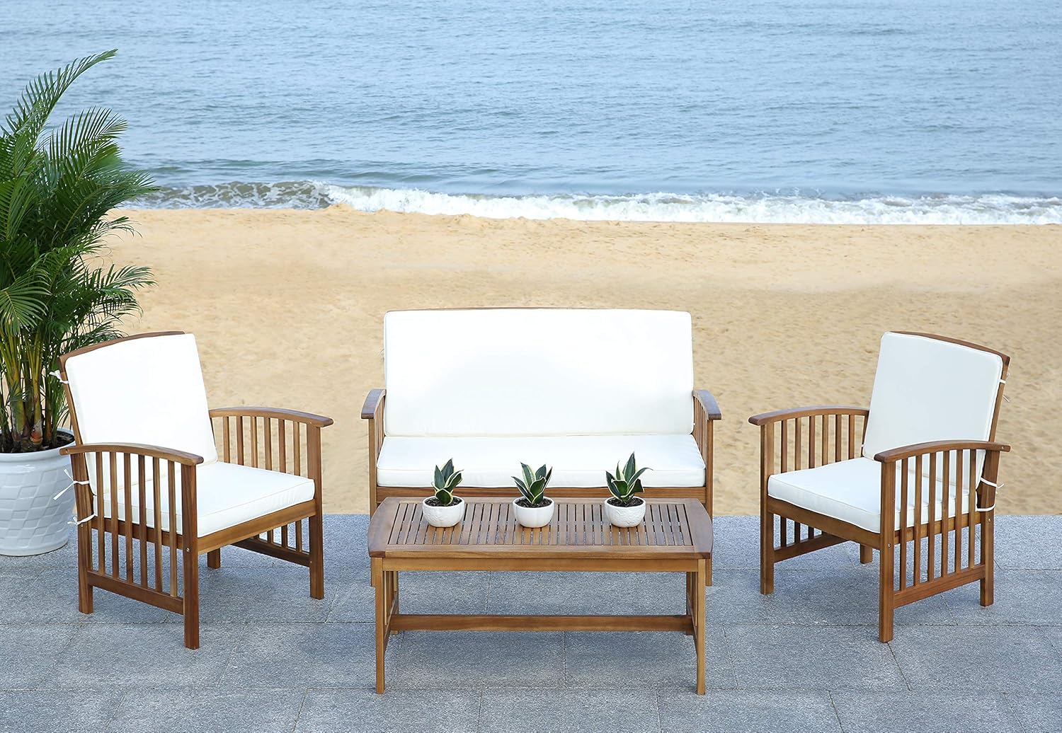 Safavieh Outdoor Collection Rocking 4 Piece Patio Set, Teak and Beige: Furniture & Decor