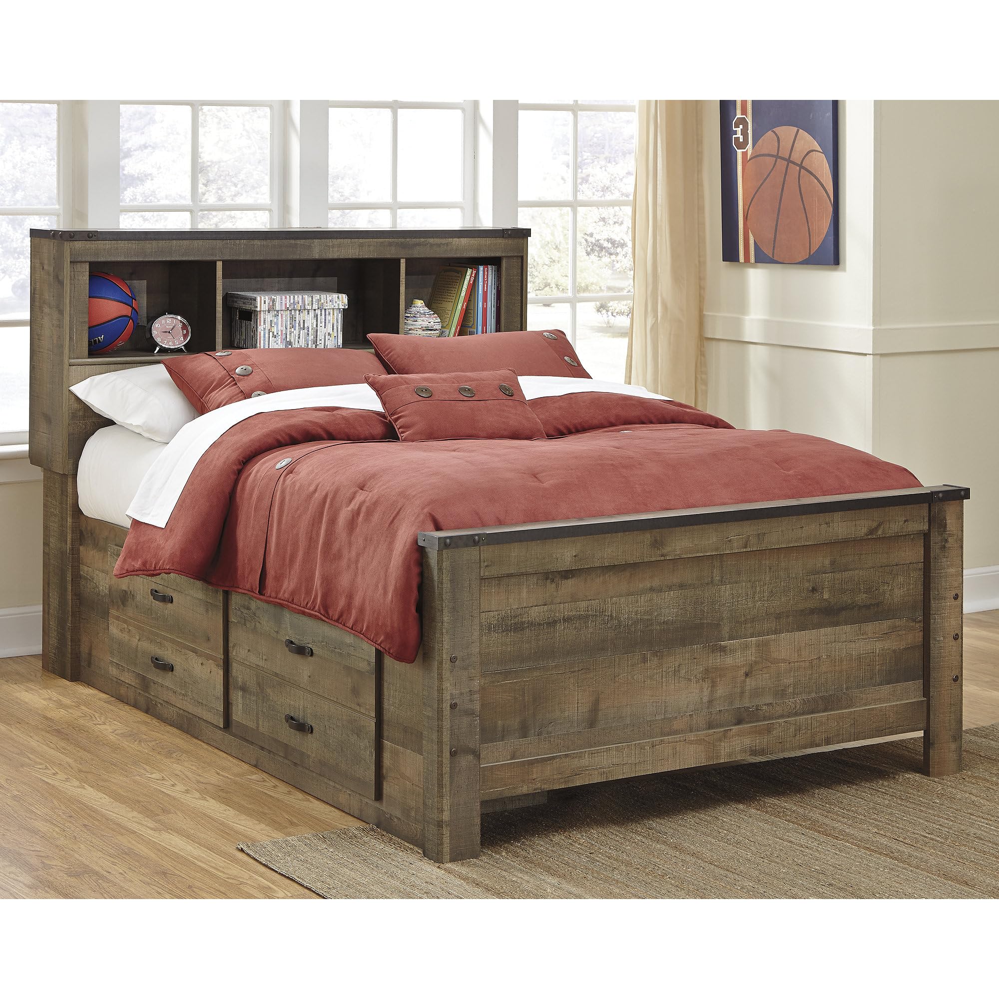 Signature Design by Ashley Trinell Country Rustic Bookcase Bed with 2-Sided Storage and Nailhead Accents, Foundation or Box Spring Not Needed, Full, Dark Brown Image