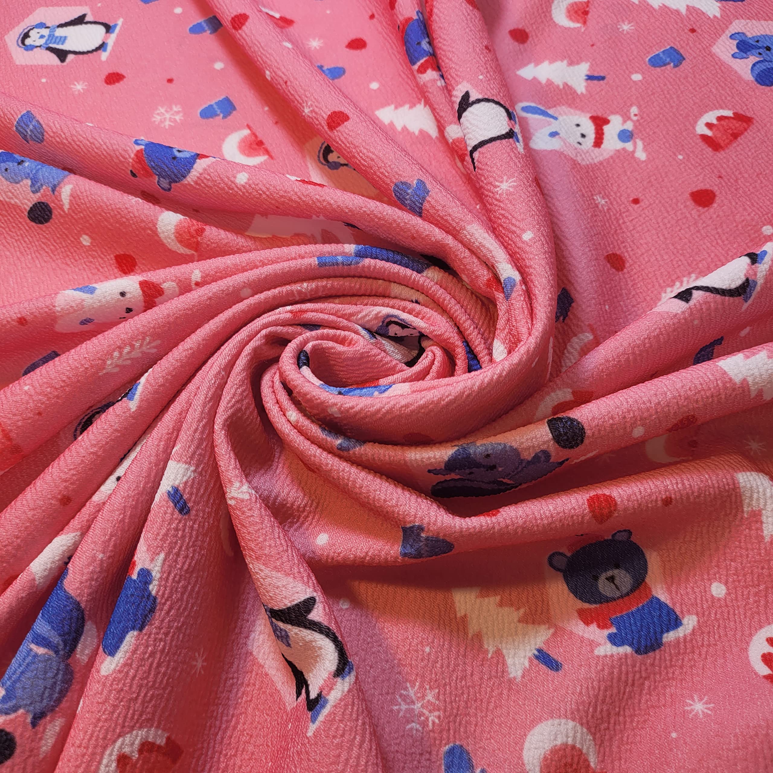 Plain & Printed Scuba Crepe Jersey Stretch Spandex Fabric – Dressmaking Material for Casual & Formal Wear | 58" (150cm) Wide | Sold Per Meter (Pre-Cut Lengths) (Pink Penguin & Rabbit)
