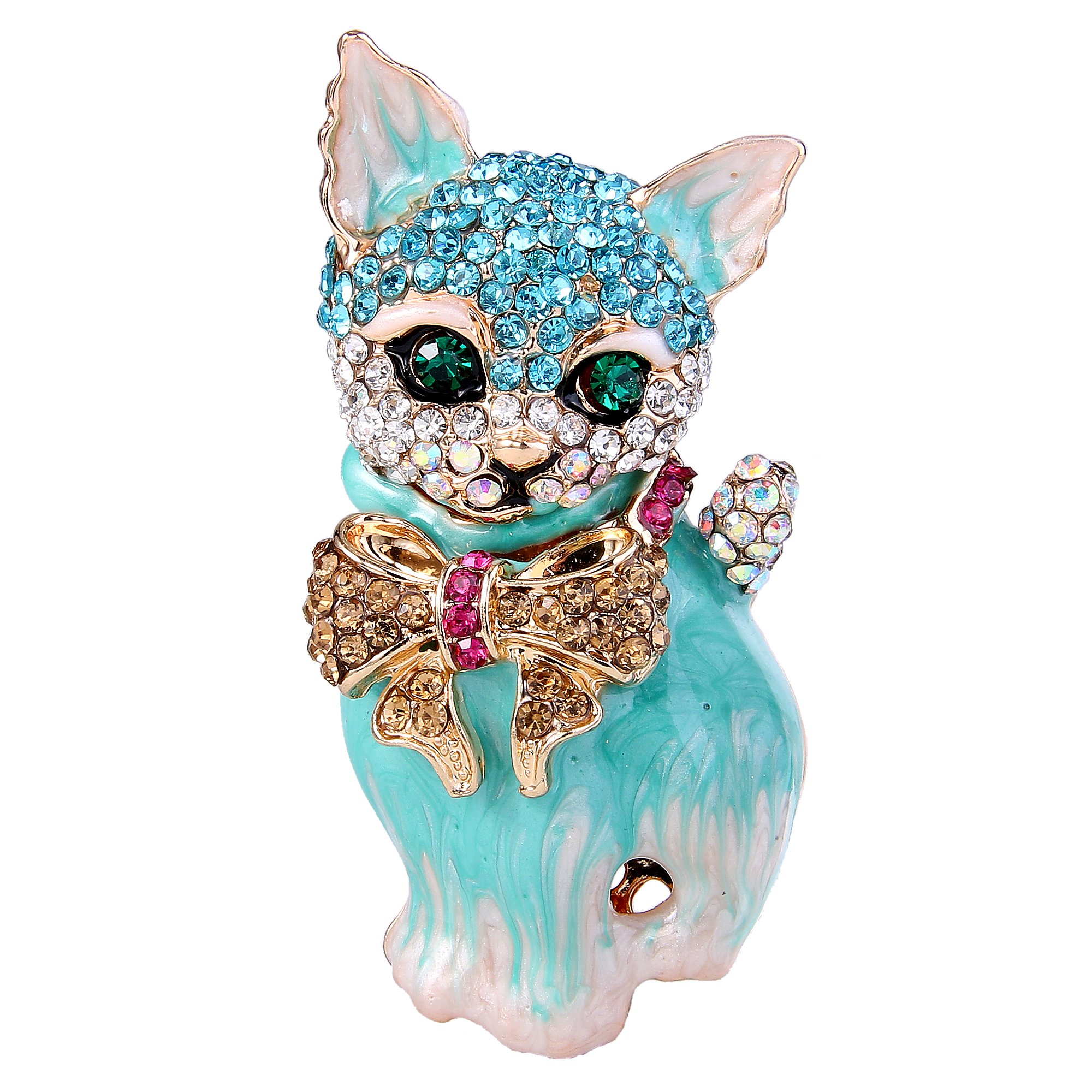 Ever Faith Plump 3D Cat Pet Austrian Crystal Enamel Brooch Gold-Tone Turquoise Color