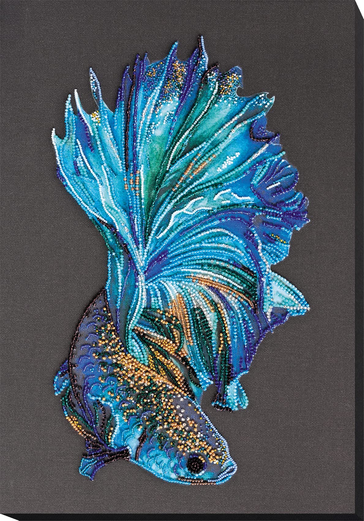 Abris Art Bead Embroidery Kit Blue Gold. DIY Beadwork Craft Kit for Beginners. Hand Made Beading kit from, Ukraine. Stylish Needlework Set, Needlepoint Pattern Fantasy Fish Sampler Decor wall Art