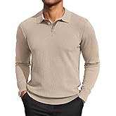 COOFANDY Men's Knit Polo Sweater Long Sleeve Casual Collared Quarter Button Golf Waffle Textured Sweater