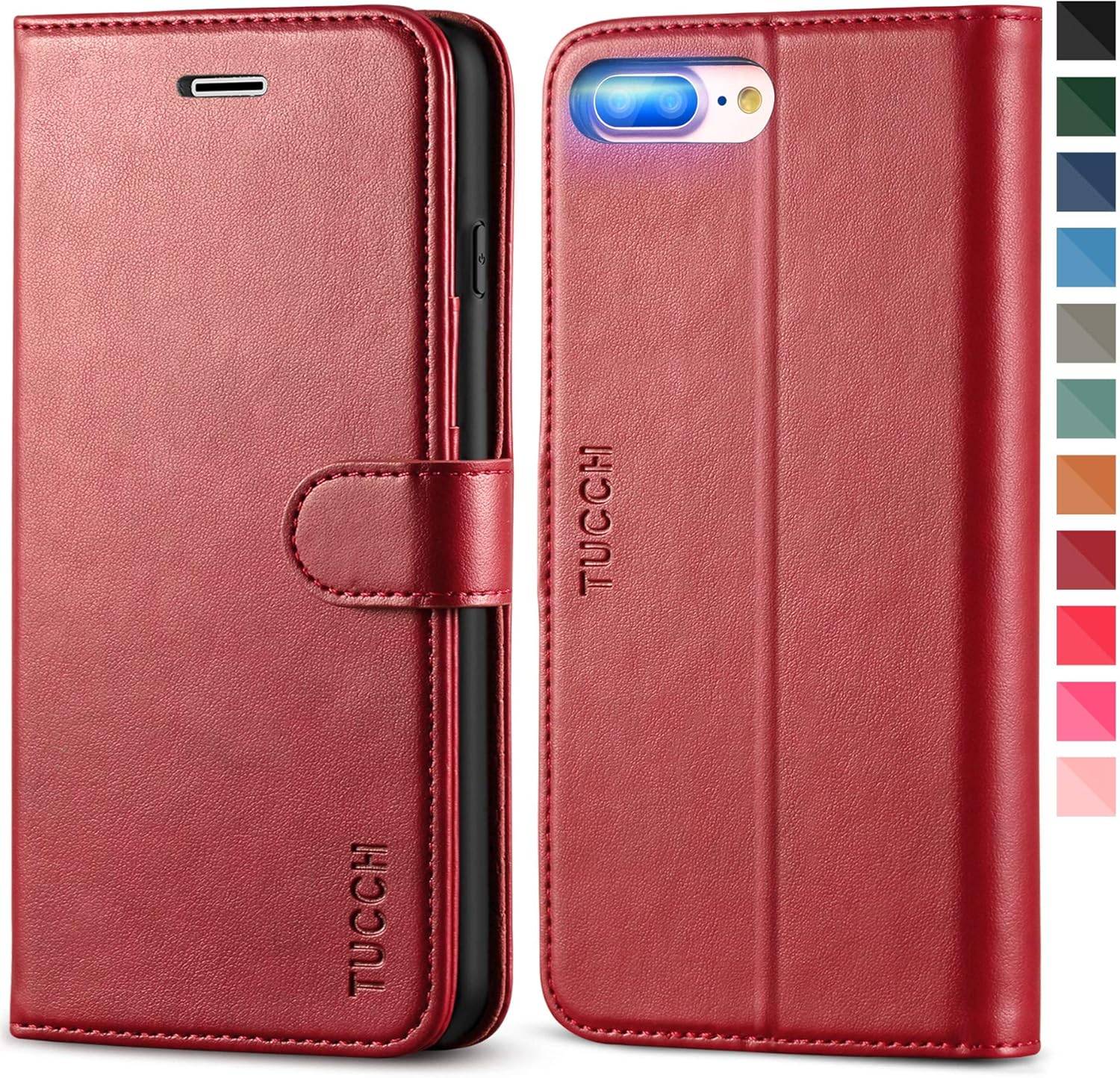TUCCH iPhone 8 Plus Case, iPhone 7 Plus Wallet Case, Magnetic Closure Card Slots Money Pouch, Stand PU Leather Purse Cover Flip Book [TPU Interior Case] Compatible with iPhone 8 Plus/7 Plus, Dark Red