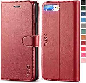 TUCCH iPhone 8 Plus Case, iPhone 7 Plus Wallet Case, Magnetic Closure Card Slots Money Pouch, Stand PU Leather Purse Cover Flip Book [TPU Interior Case] Compatible with iPhone 8 Plus/7 Plus, Dark Red