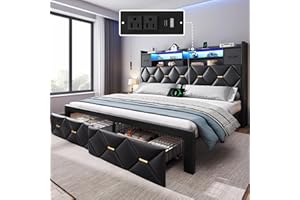 YITAHOME King Size Bed Frame with 2 Storage Drawers and Storage Headboard, Upholstered Platform with Charging Station and LED Light, No Box Spring Needed, Noise Free, Easy Assembly, PU Leather Black