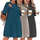 Evervibe 3 Pack Women's Plus Size Sweater Tunic Dresses, Long Sleeve Crew Neck Knit Dresses Loose Fit for Casual Fall Winter