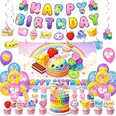 Squishy Birthday Decorations,53pcs Squishy Birthday Party Decorations | Includes a 59 x 39 in backdrop,3 banners,16 cartoon balloons,8 hanging swirls,1 large cake topper and 24 cupcake toppers