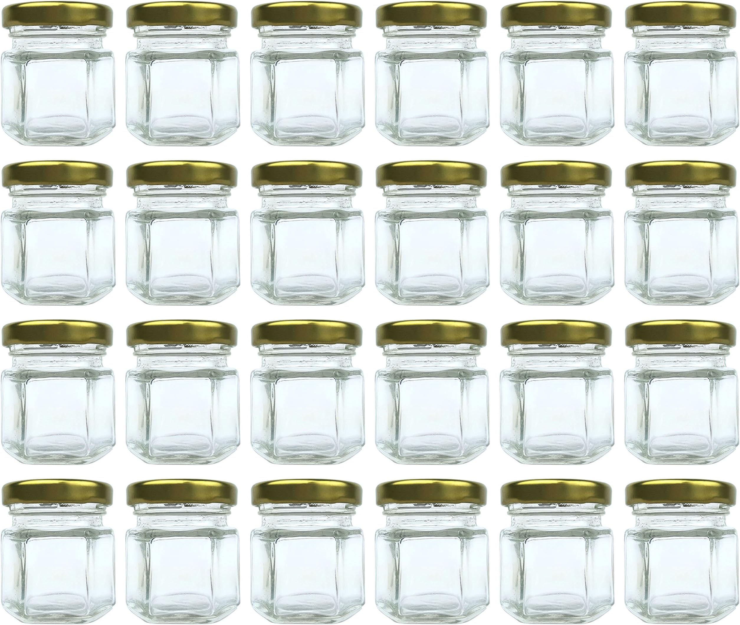 1.5 oz Hexagon Jars, 24 Piece Set Mini Glass Favor Jars for Spices, Honey, Jelly & More ~ Airtight, Screw On & Safety Button Lids ~ Perfect for Canning, Crafts, Weddings & Baby Showers