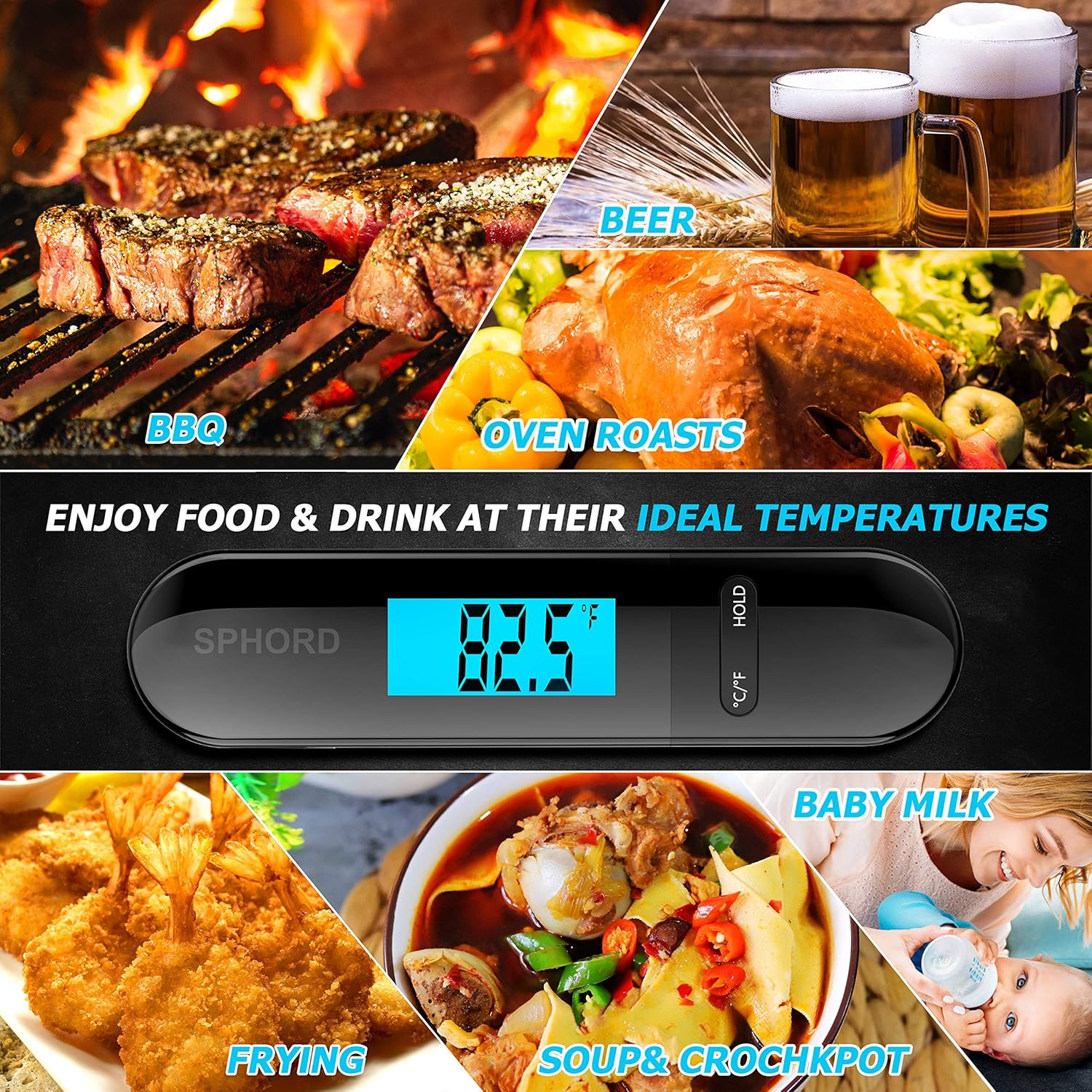 [Updated 2020 Version] SPHORD Meat Food Thermometer for Grill and Cooking, 2S Best Ultra Fast Instant Read Waterproof Digital Kitchen Thermometer Probe for Grilling, BBQ, Baking, Candy, Liquids, Oil: Industrial & Scientific