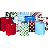 Hallmark Christmas Gift Bags Assorted Sizes (12 Bags: 5 Medium 8", 4 Large 11", 3 Extra Large 14") Red, Blue, Green, Solids, Snowflakes, Stripes