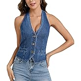 LADYFUL Halter Denim Vest Top for Women V Neck Jean Vest Waistcoat Sleeveless Back Tie Cowgirl Top Western Outfits
