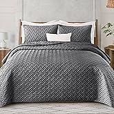 Exclusivo Mezcla Soft Quilt Set Queen Full Size, 3 Pieces Lightweight Quilts Grey Bedspreads Coverlets Bedding Set for All Seasons, Weave Pattern