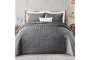 Exclusivo Mezcla Soft Quilt Set Queen Full Size, 3 Pieces Lightweight Quilts Grey Bedspreads Coverlets Bedding Set for All Seasons, Weave Pattern
