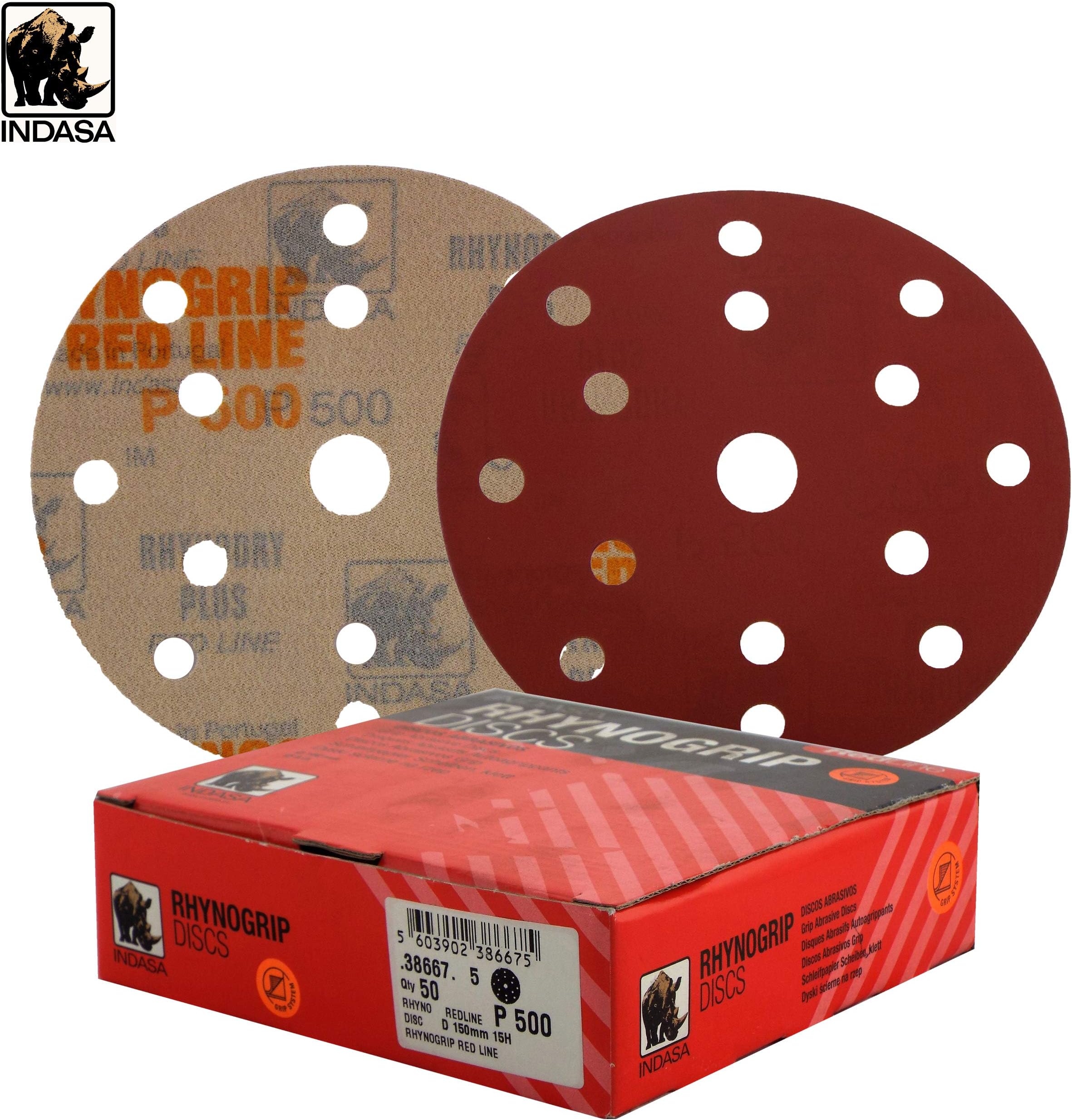 Indasa Rhynogrip Redline 6" 150mm Sanding Discs Grit:P500 Quantity:50 15 Hole Dry Application Only Suitable For Heavy Duty Sanding/Sanding Preparation/Fine Sanding/Sanding for Blending/Micro-Finishing