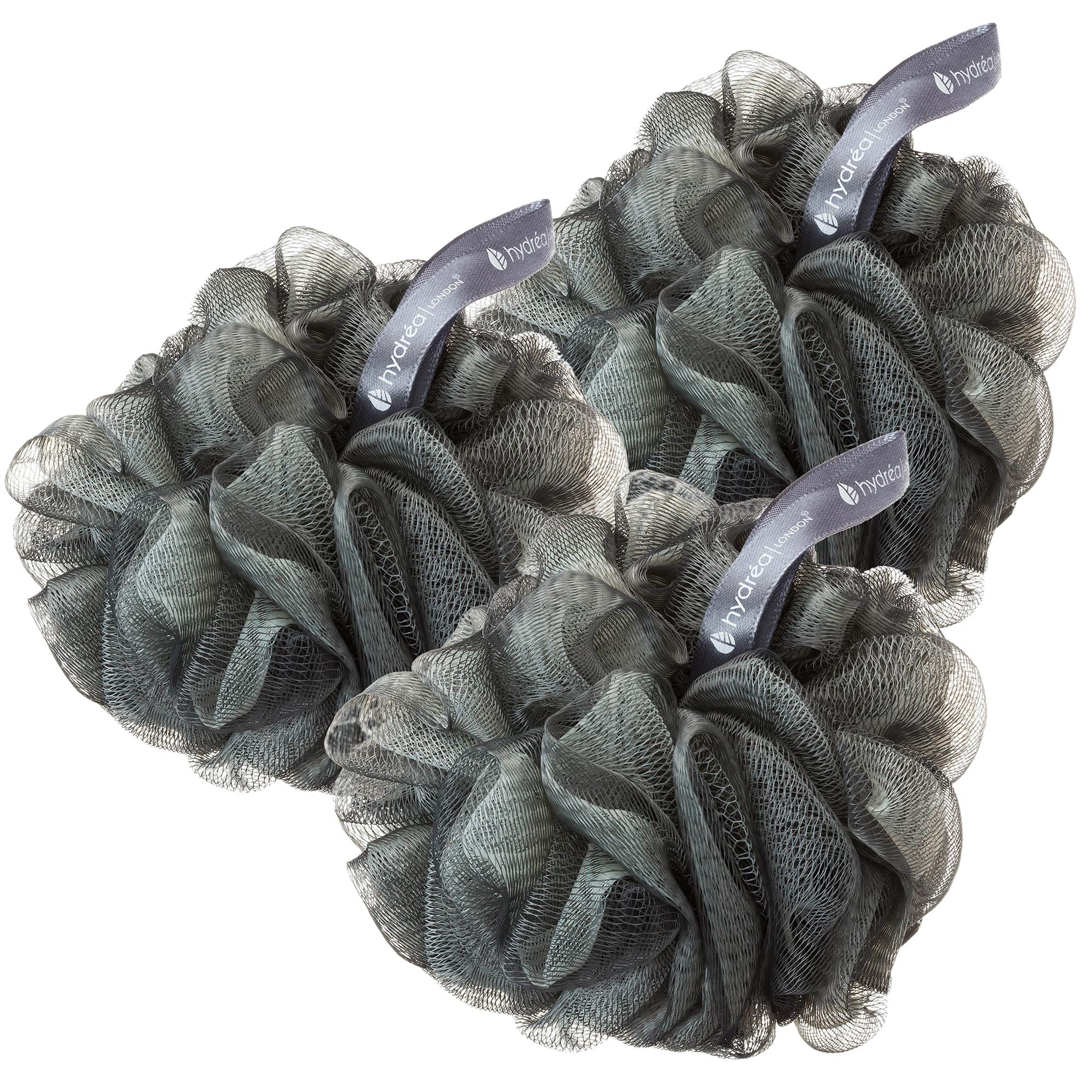 Hydrea London Shower Pouf - Exfoliating Body Scrubber for Men & Women - Cleansing & Invigorating Luxury Shower Scrub - Ultra-Soft, Large, & Vegan Bath Scrunchie - Bathing Skin Buffer, Triple Pack Grey