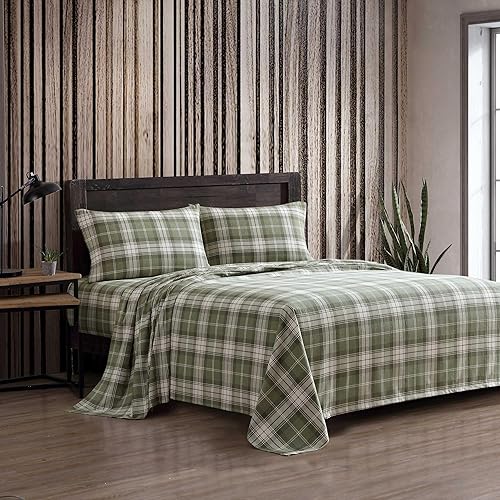 Eddie Bauer - Full Bed Sheets, Cotton Flannel Bedding Set with Matching Pillowcases, Brushed for Extra Softness, Deep Pocket, Oeko-Tex Certified (Heartland Plaid Green)