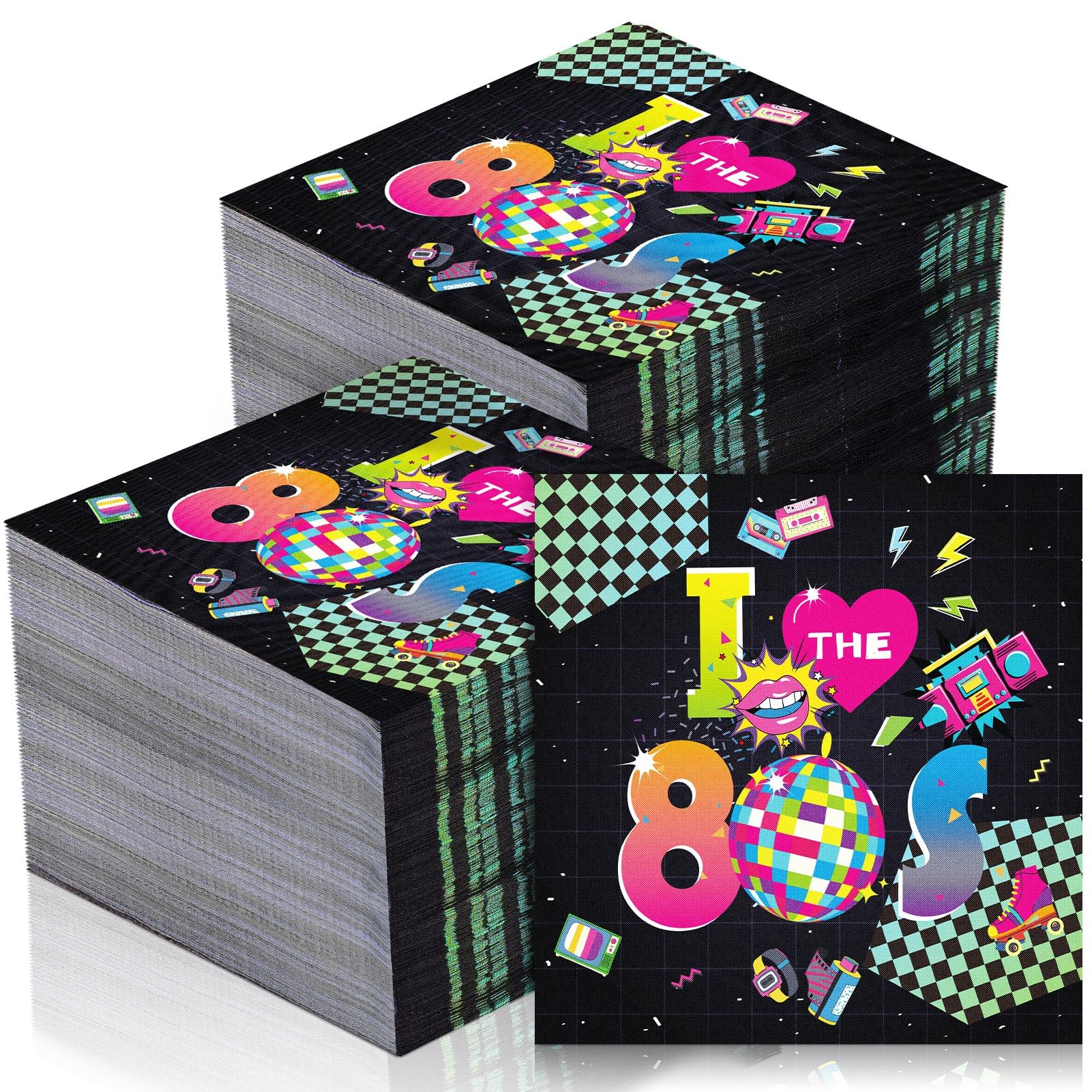 Photo 1 of Dispowreath 100 Pcs I Love the 80s Paper Cocktail Napkins Disposable Back to 50's 80's 90's Luncheon Napkin for Retro 1950s 1980s 1990s Hip Hop Sock Hop Rock Roll Birthday Party Supplies Decorations
