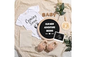 Canlierr 8 Pcs Pregnancy Announcement Set Pregnancy Reveal Ideas Include Felt Letter Round Board Kit Baby Bodysuit Booties Wood Blocks Wooden Signs for Coming Soon Baby Announcement(Black)