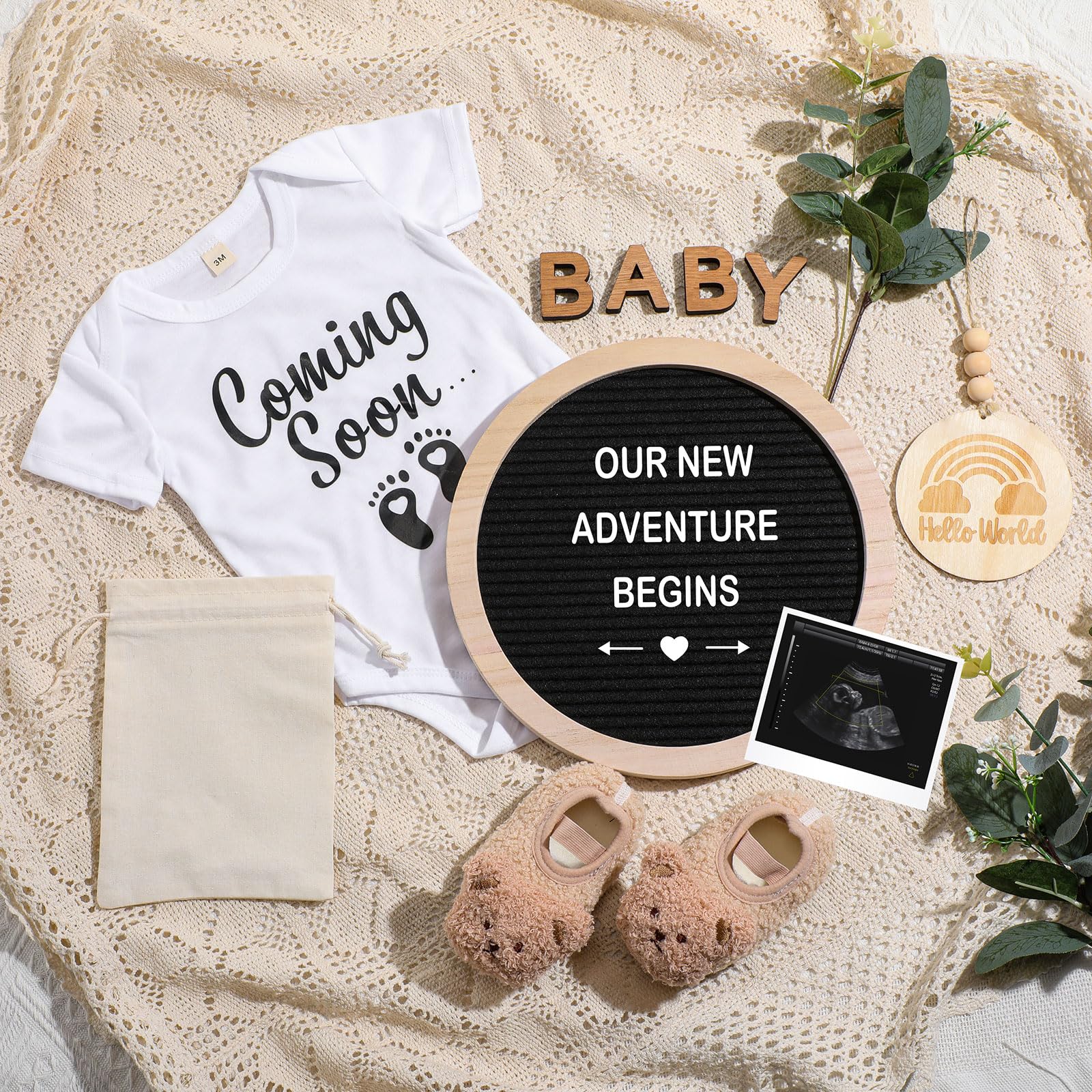 Photo 1 of Canlierr 8 Pcs Pregnancy Announcement Set Pregnancy Reveal Ideas Include Felt Letter Round Board Kit Baby Bodysuit Booties Wood Blocks Wooden Signs for Coming Soon Baby Announcement(Black)