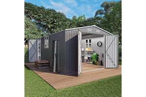 Vigo huseeo 10x14x6.7FT Outdoor Storage Shed, Galvanized Steel Garden Shed with Lockable Door & Window, Waterproof Metal Tool Storage for Garden, Backyard, Patio, Lawn(Grey)