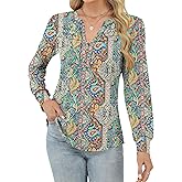 Rapbin Peasant Blouses for Women Puff Long Sleeve Tops Pleated V Neck T Shirts Henley Tops Button Tunic Blouses