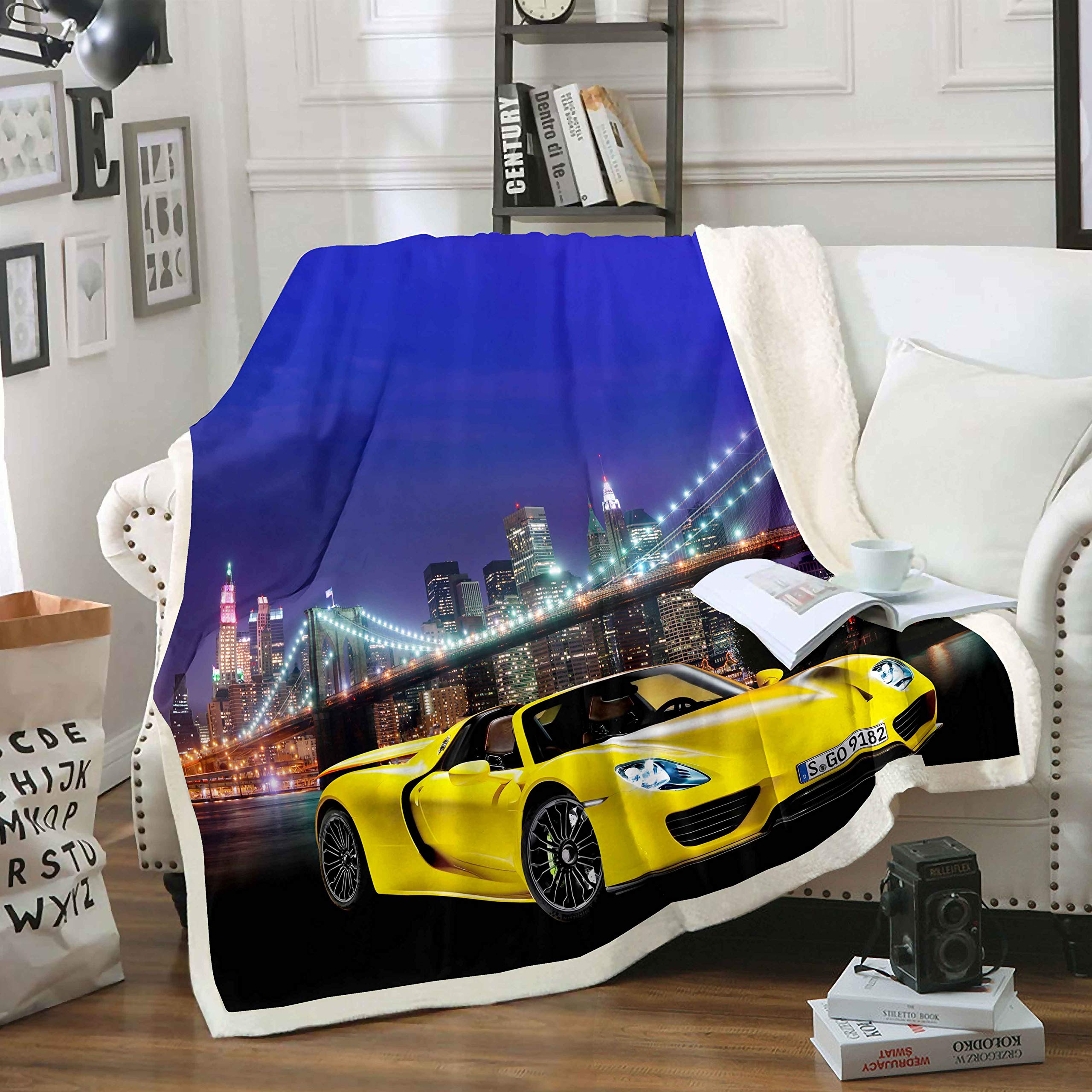 Loussiesd Race Car Throw Blanket - Cool Speed Racing Plush Bed Cover for Kids, Boys, Teens, Adults - Automobile Extreme Sport Fleece Sherpa - Yellow, Single 50x60 Inch — image 1