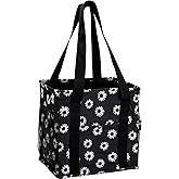 Pursetti Small Utility Tote Bag for Women with 4 Exterior Pockets - Perfect as Lunch Tote, Reusable Grocery, Shopping, Work, Teacher, and Nurse Bag (Black Daisy)