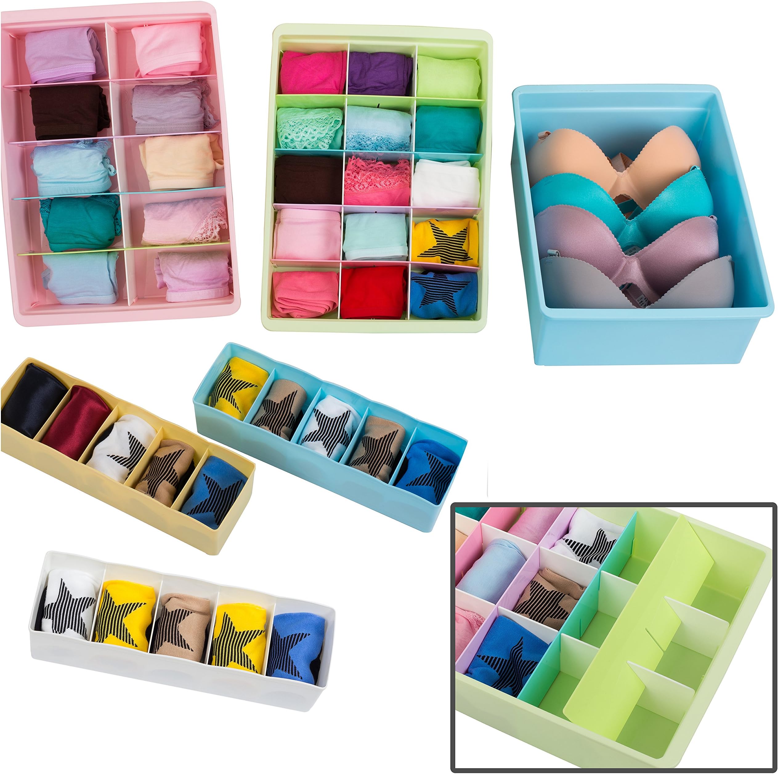 UNCLUTTERED DESIGNS Adjustable Drawer Dividers (6 Set) Sleek & Customizable In Sturdy Plastic, For Your Baby Clothes, Craft Supplies, Office Drawer, Kitchen, Underwear & Bathroom (Multicolor)