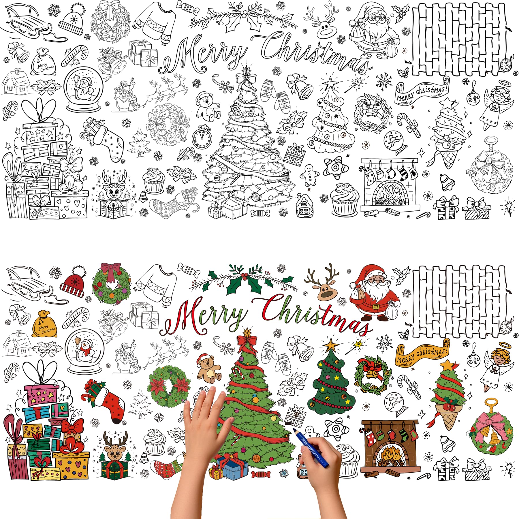CAMOSE Christmas Colouring Tablecloth Crafts for Kids, Xmas Colouring Table Cloths,Giant 76x183cm Coloring Table Cloth Cover for Happy Christmas Party Decorations, Activities Gifts for Kids