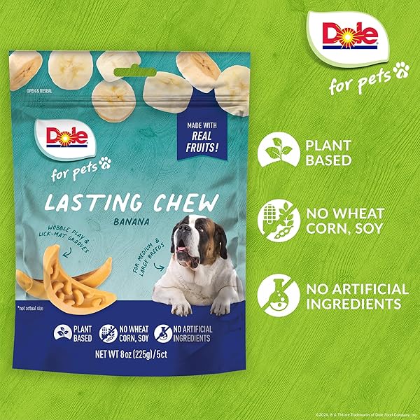 DOLE FOR PETS FRESHLY FETCHED LASTING CHEW BANANA FLAVOR DOG TREATS, MEDIUM AND LARGE BREEDS, NO WHEAT, CORN, SOY, ARTIFICIAL FLAVORS, COLORS, OR ANIMAL PRODUCTS, 8 OUNCES, 5 CHEWS