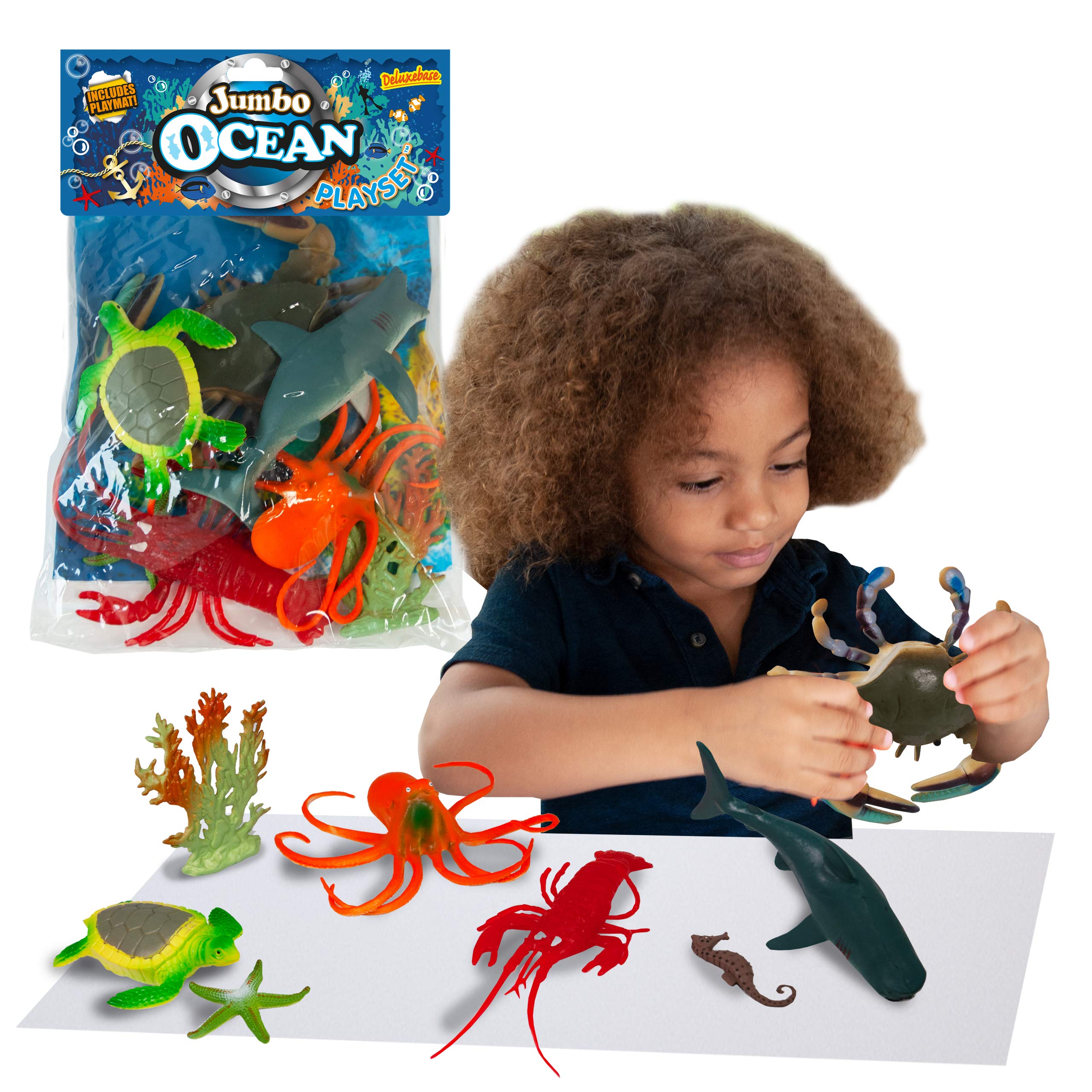 Deluxebase Jumbo Playset – Ocean, 8-Piece Ocean Animal Figurines Toy Set with Playmat for Kids, Great Sea Life Animal Toys for Creative Play and Learning.