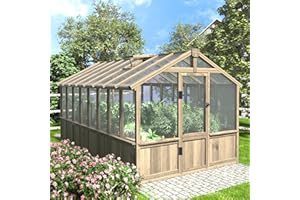 Yardenaler 8x16 FT Greenhouse for Outdoor, 6MM Thick Polycarbonate Panel Wooden Walk-in Green House with Adjustable Roof Vents and Lockable Door, Backyard Garden, Light Mocha Brown