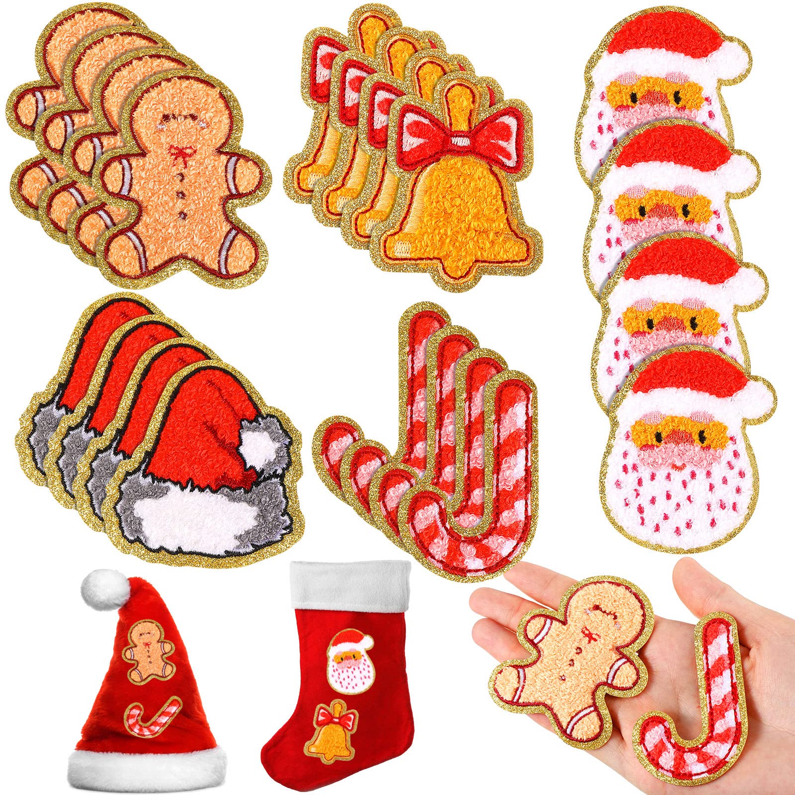Photo 1 of 20 Pcs Christmas Self Adhesive Patches Santa Bell Candy Cane Cute Sew on Stickers Applique Washable for DIY Crafts T Shirt Clothing Jackets Backpacks Jeans Party Decorations Accessories (Santa)