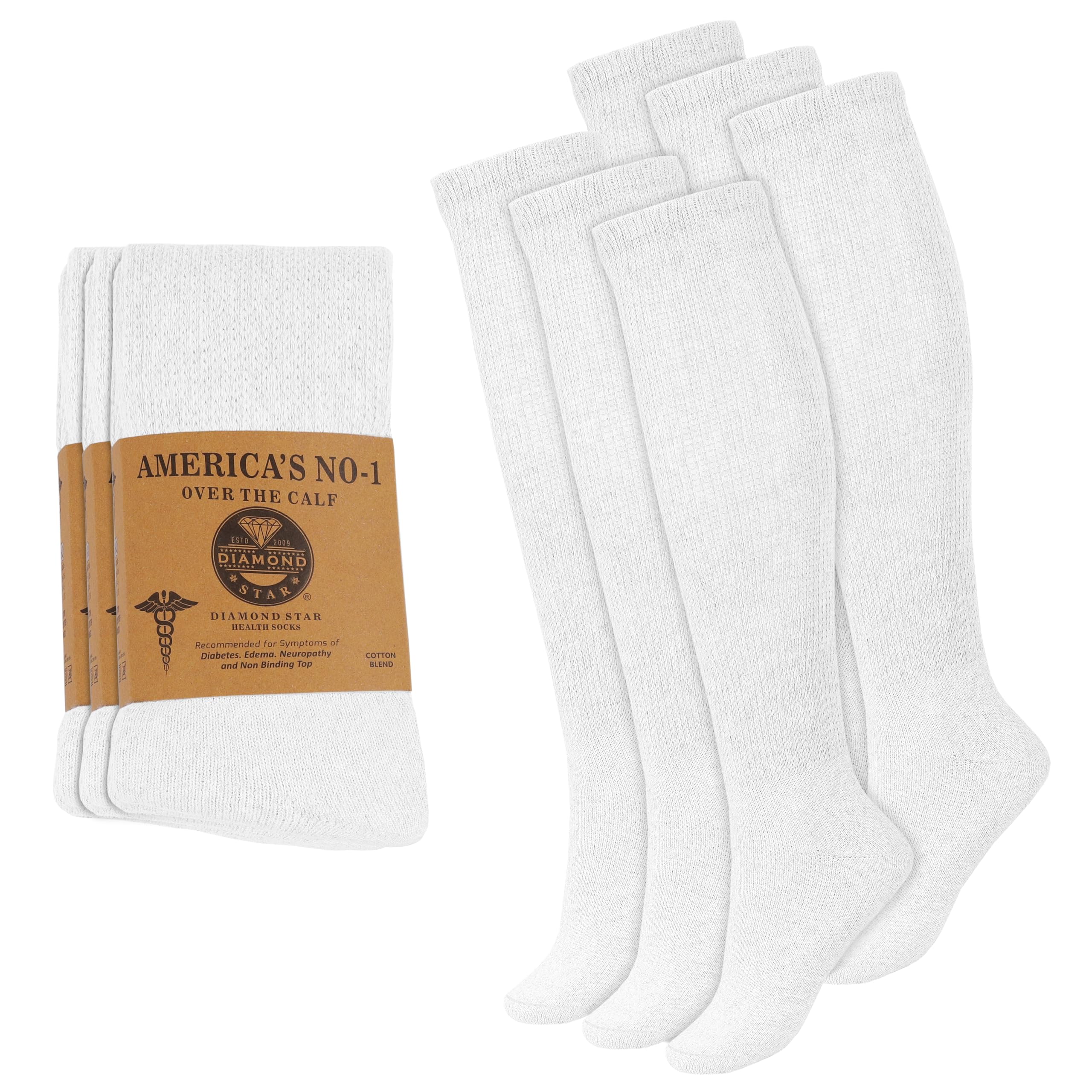 Photo 1 of 6 Pairs Diabetic Socks Over The Calf - Knee High Premium Cotton Socks Men's Size 10-13 Big & Tall Size 13-16 (US, Numeric, 10, 13, Regular, Regular, 6 Pairs White)