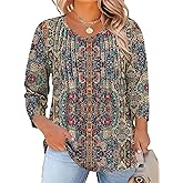 Romanstii Plus Size Tops for Women Womens 2026 Spring 3/4 Sleeve Blouses Dressy Casual V-Neck T-Shirts Pleated Tunic XL-5XL
