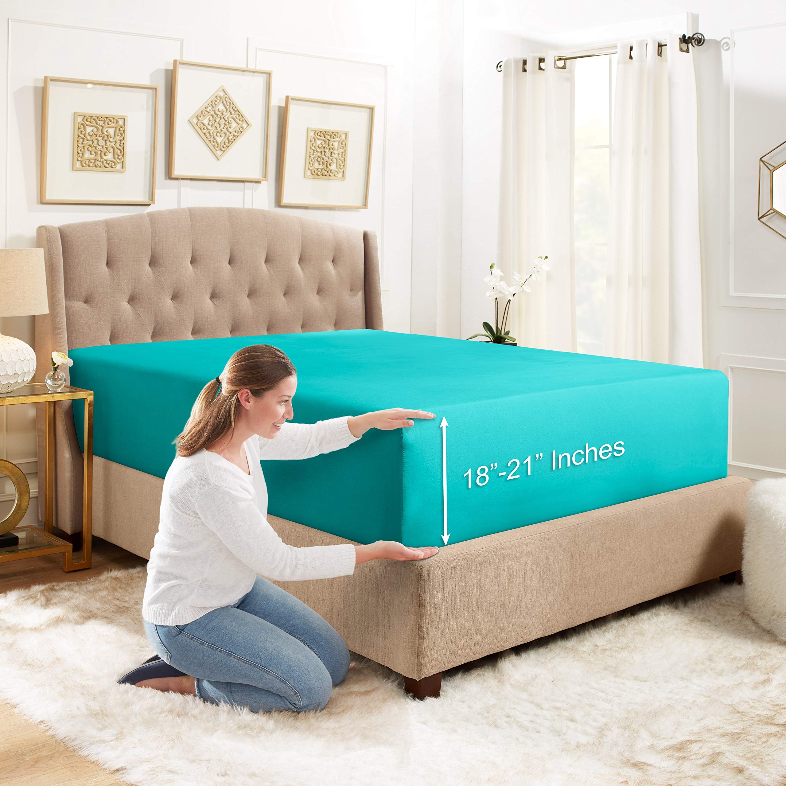 Empyrean Bedding Extra Deep Pocket Fitted Sheets - Bottom Sheets for Twin Size - from 18 Inches Up to 21 Inches Extra Deep Pocket Twin Fitted Sheets - Fitted Bed Sheets only ( Twin Teal)