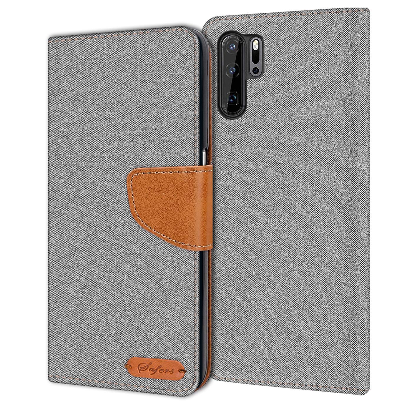 Verco Phone Wallet Case compatible with the Huawei P30, Canvas Faux Leather Book Cover for the P30 Flip Case Bag Hinged - Grey