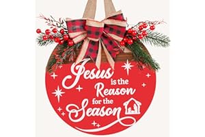 UIONML Christmas Wreaths Door Sign Jesus is The Reason for The Season Sign, Rustic Wooden Religious Christmas Door Decor for Porch, Wall, Indoor Outdoor (Christmas Door Sign-B)