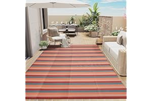 PureCozy Outdoor Waterproof Patio Rug 8x10 Plastic Straw Reversible Lightweight Outside Area Rug Orange Red Colorful Stripe Carpet Indoor Outdoor Washable Rug for Camping RV Porch Deck Balcony Beach