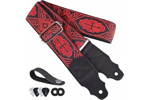 YIKOKO Guitar Strap, Head Layer Cowhide Leather End, 2 Inches Wide, for Acoustic and Bass Electric Guitars, Free Button, 2 Strap Locks and 4 Guitar Picks