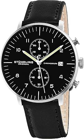 Stuhrling Original Mens Monaco Quartz Chronograph Date Stainless Steel and Leather Dress Watch, 803.01,Black