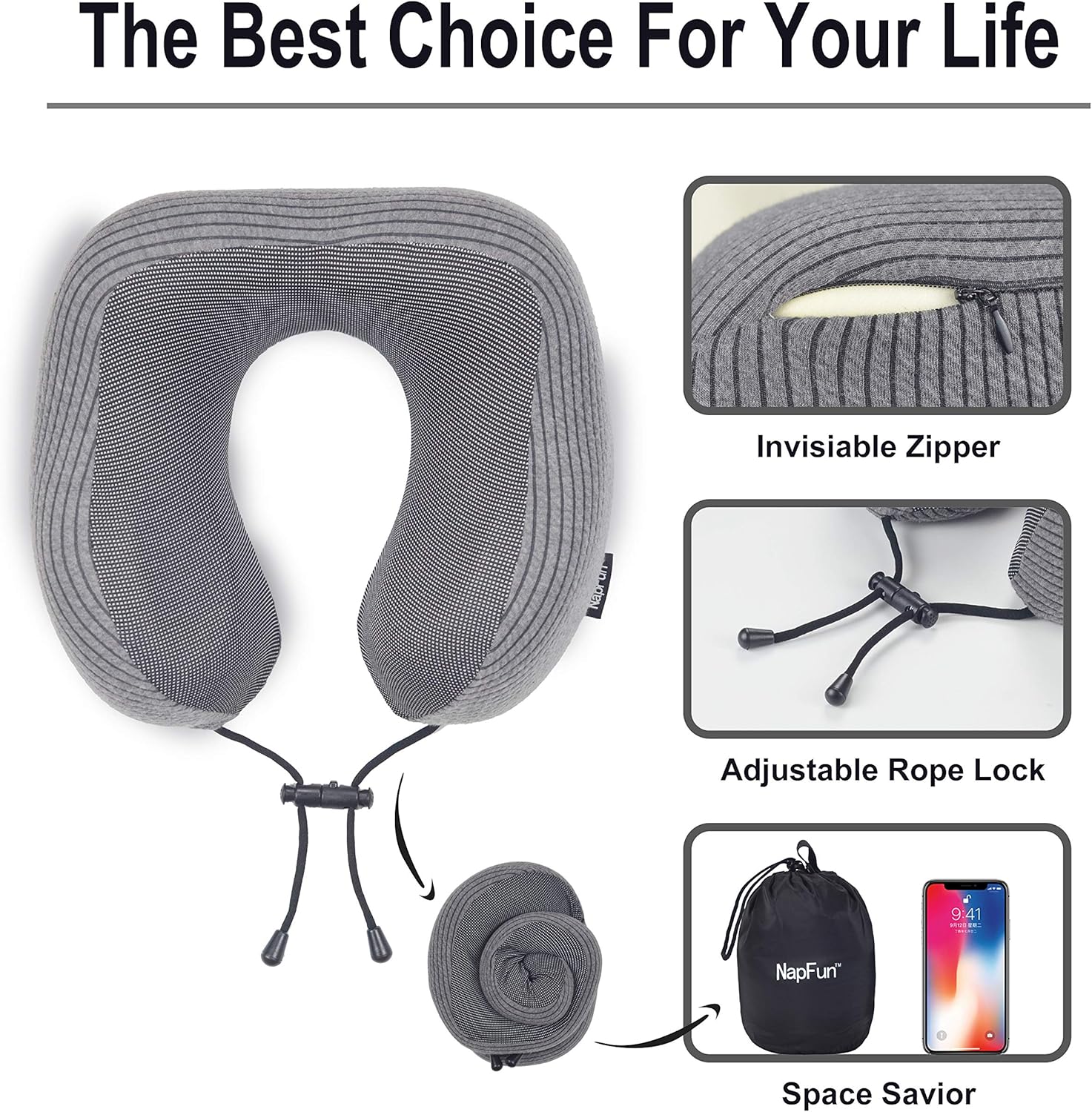 napfun Neck Pillow for Traveling, Upgraded Travel Neck Pillow for Airplane 100% Pure Memory Foam Travel Pillow for Flight Headrest Sleep, Luxury Plane Accessories, Dark Grey: Kitchen & Dining