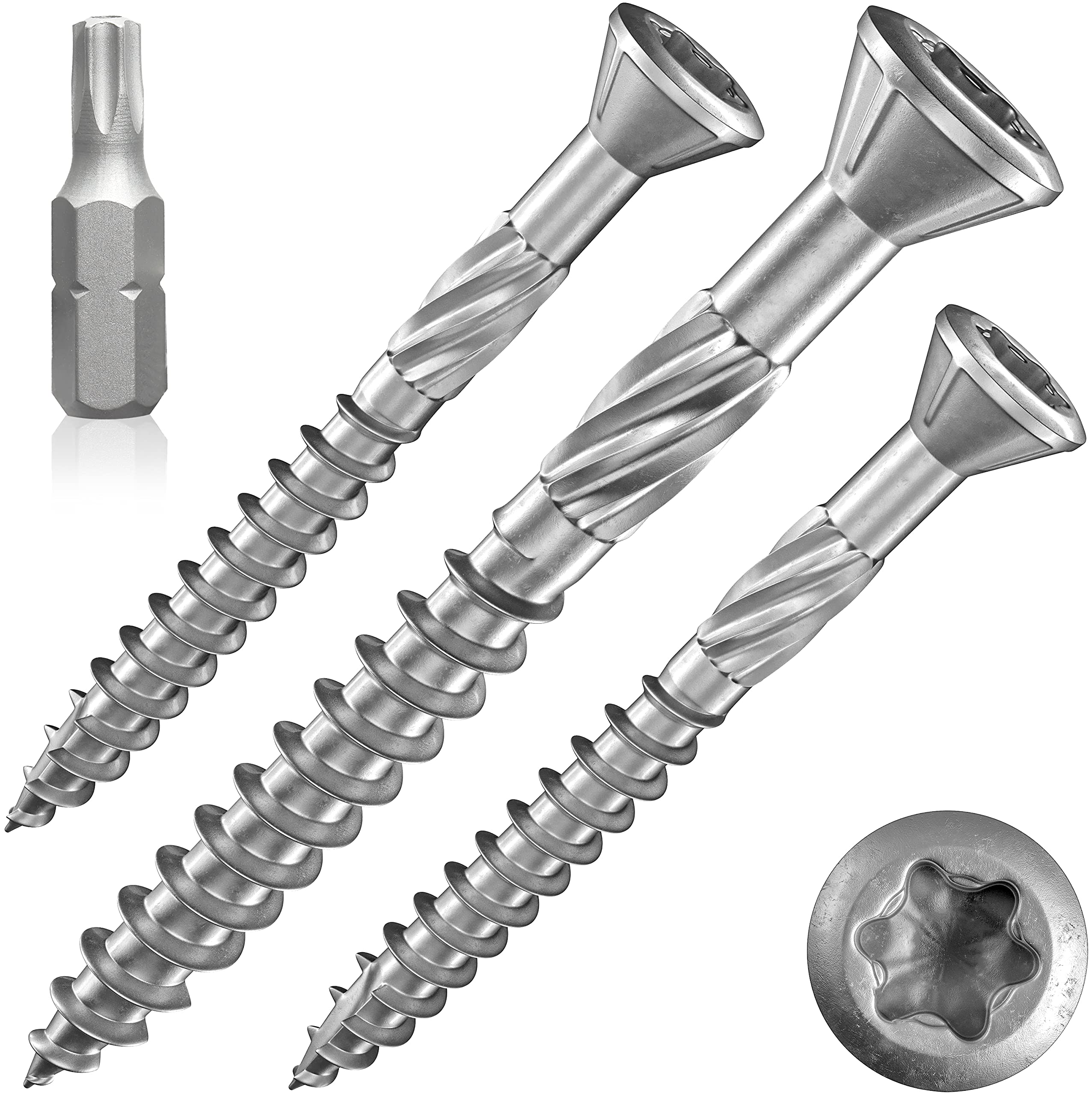 INNONEXXT® Premium Stainless Steel decking Screws C1 incl. bit | 5.0 x 50 mm 200 Pieces TX25 | Milling Ribs, Cut tip | Wood Screws, Screws for Wood, Stainless Steel Screws | Made in Germany