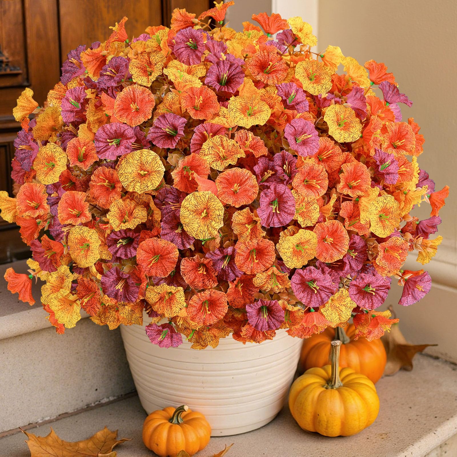Photo 1 of Alupssuc 40 Bundles Artificial Flowers for Outdoors Autumn Decoration, UV Resistant Silk Colorful Morning Glory Realistic Faux Flowers Plants for Planter Porch Patio Yard Balcony, Orange Yellow Brown