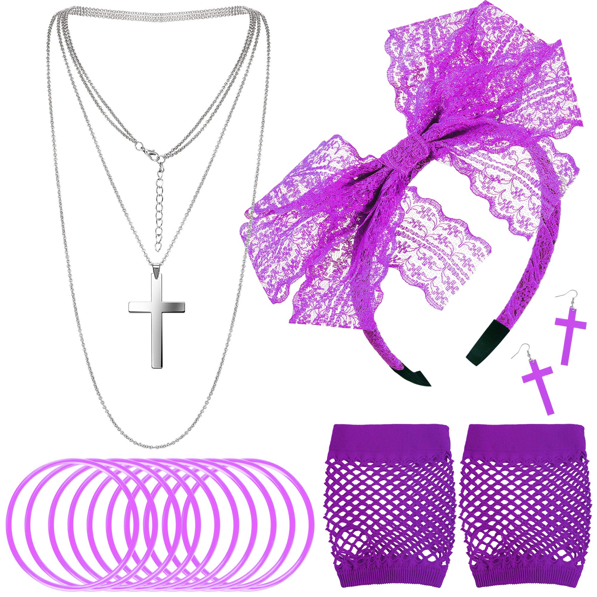 Blulu 80s Accessories for Women Dress Costume Lace Headband Earrings Fishnet Gloves Necklace Bracelet(Purple)